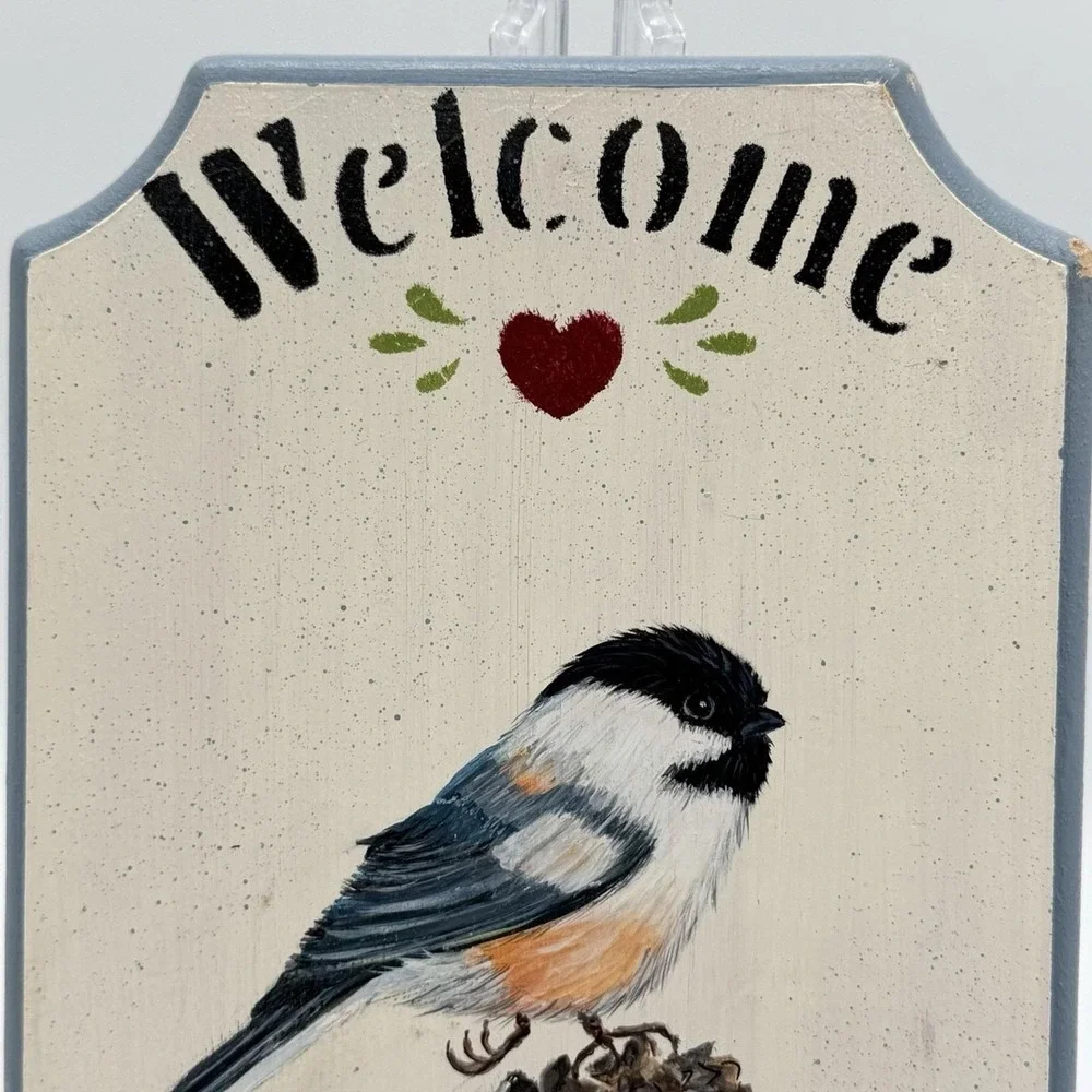 Vintage 90's Hand-Painted Wood Blue Welcome Sign Cottage Chickadee Bird